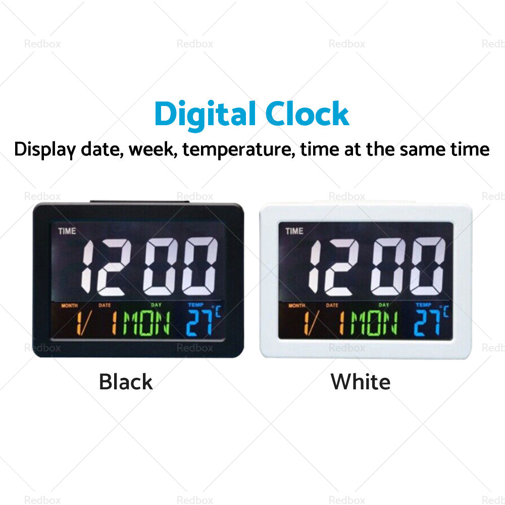 Large white digital LED wall and desk clock displaying time date and temperature — view 3