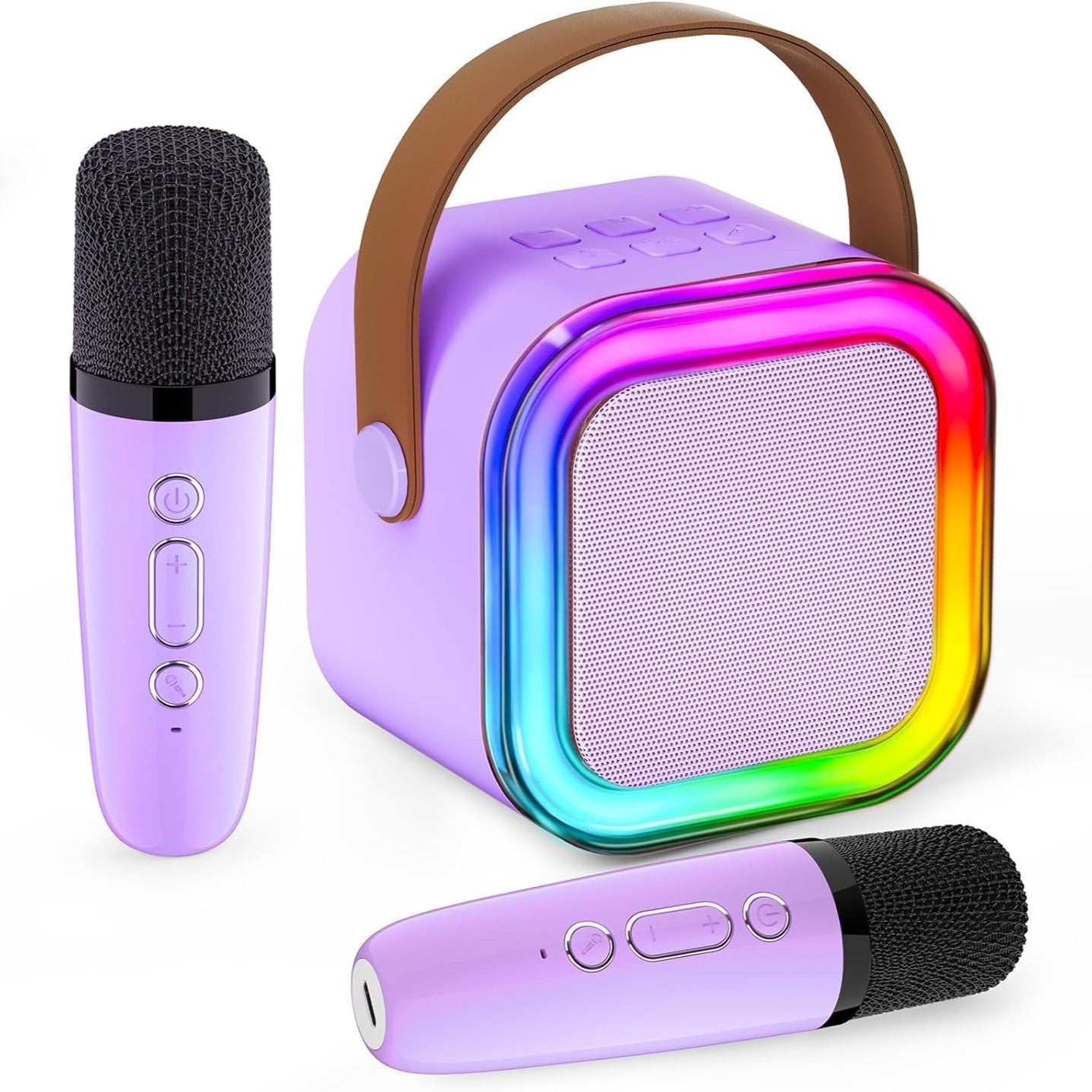 Wireless mini karaoke machine in purple with two matching cordless microphones for party entertainment