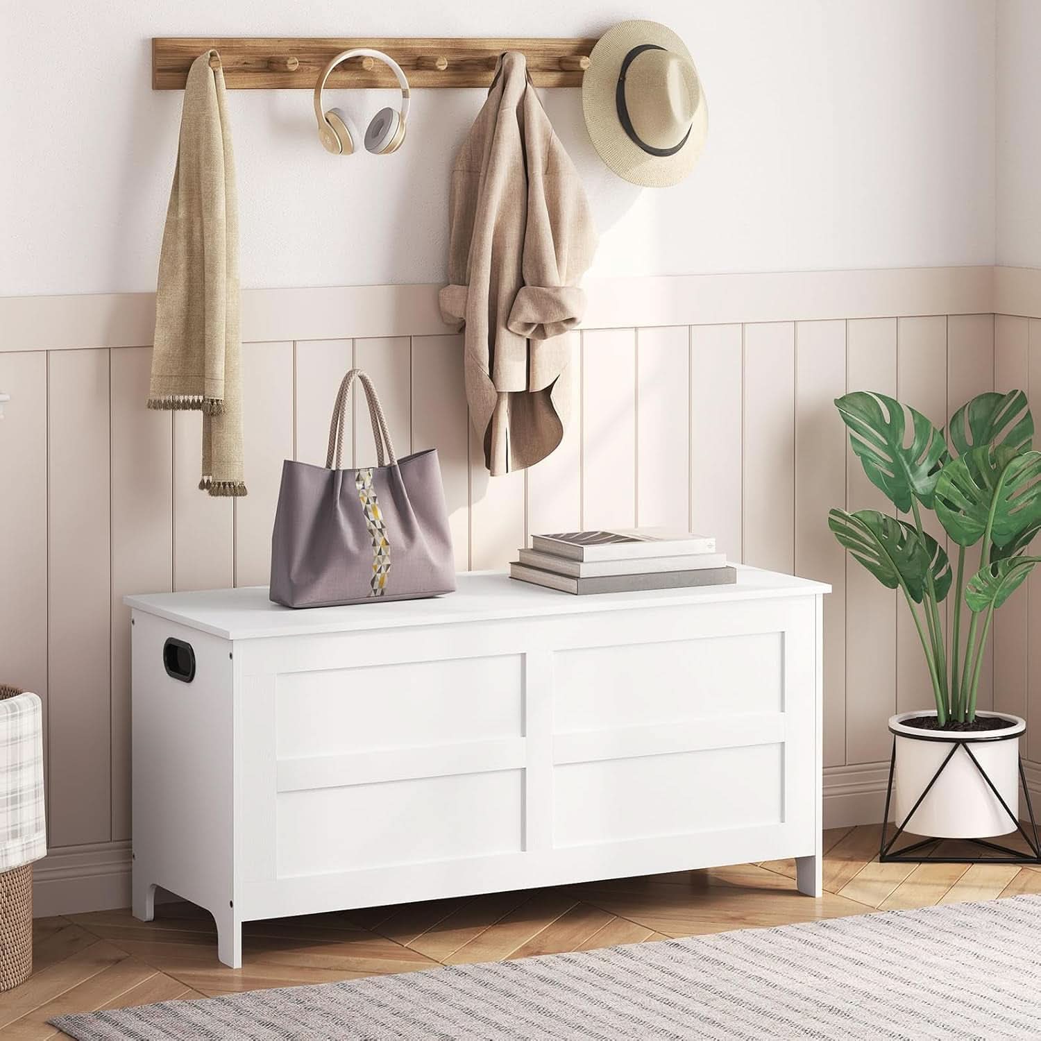 White wooden toy storage bench with closed lid, engineered wood seating, and hollow side handles — view 4