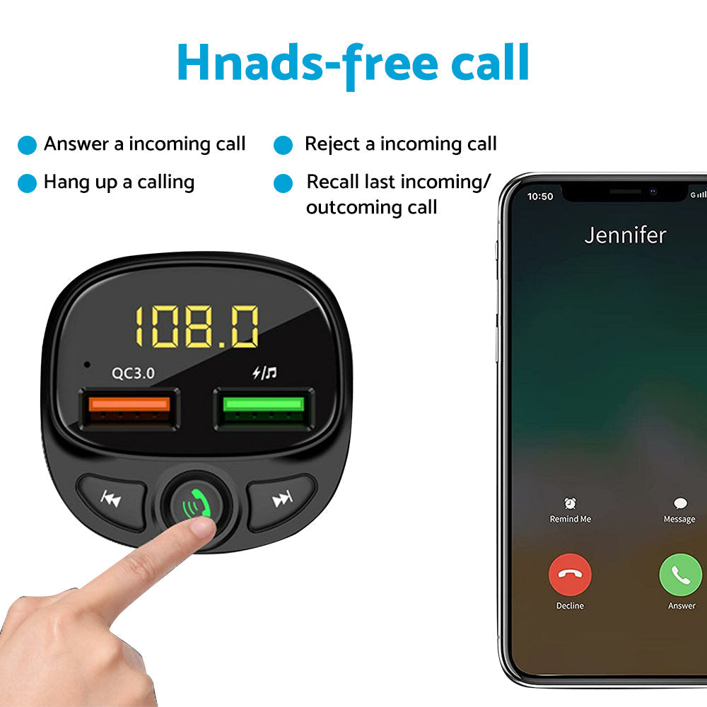 Black wireless car FM transmitter and dual USB phone charger plugged into vehicle socket. — view 5
