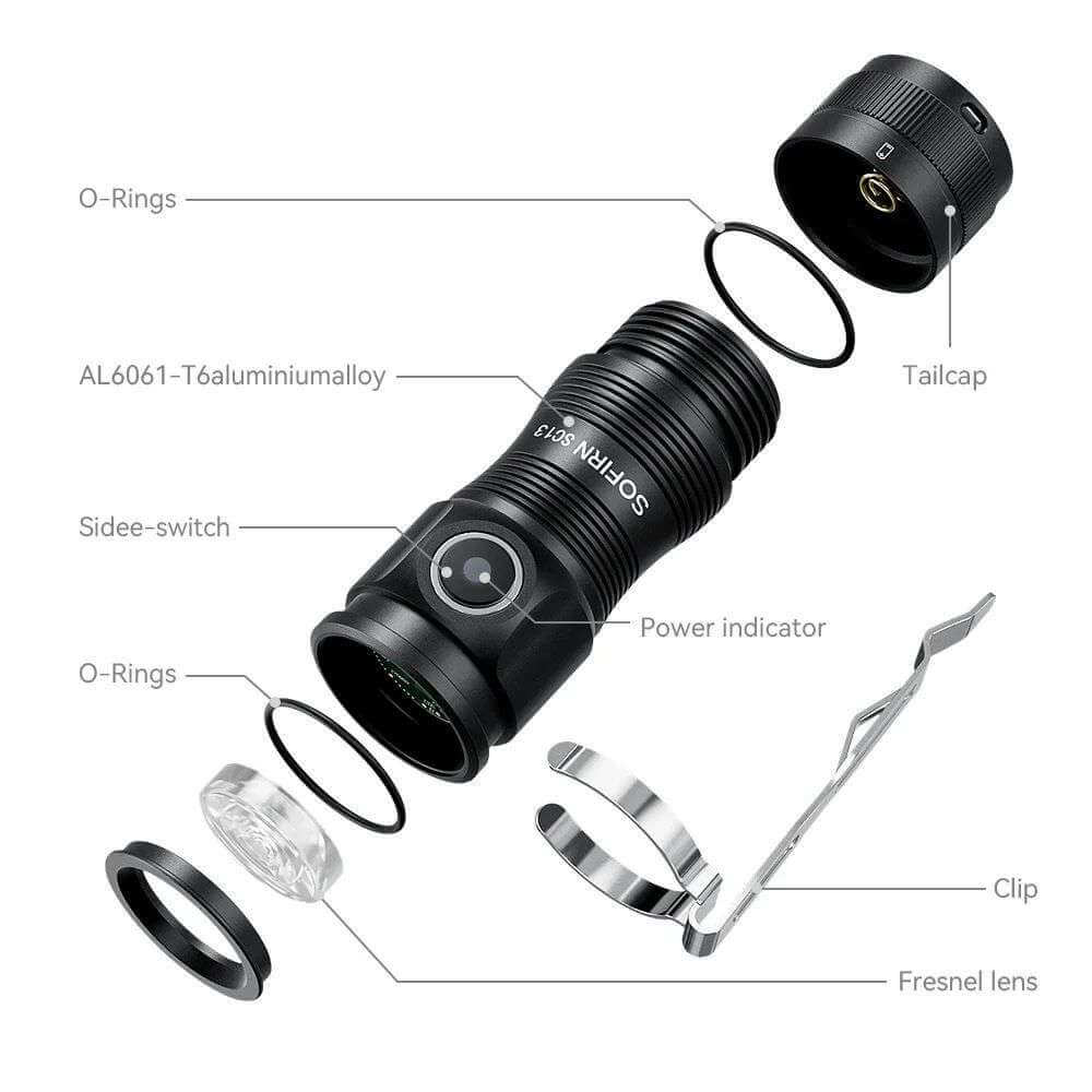 SC13 Mini EDC Flashlight in black aluminum alloy, compact size for everyday carry and keychain use — view 4