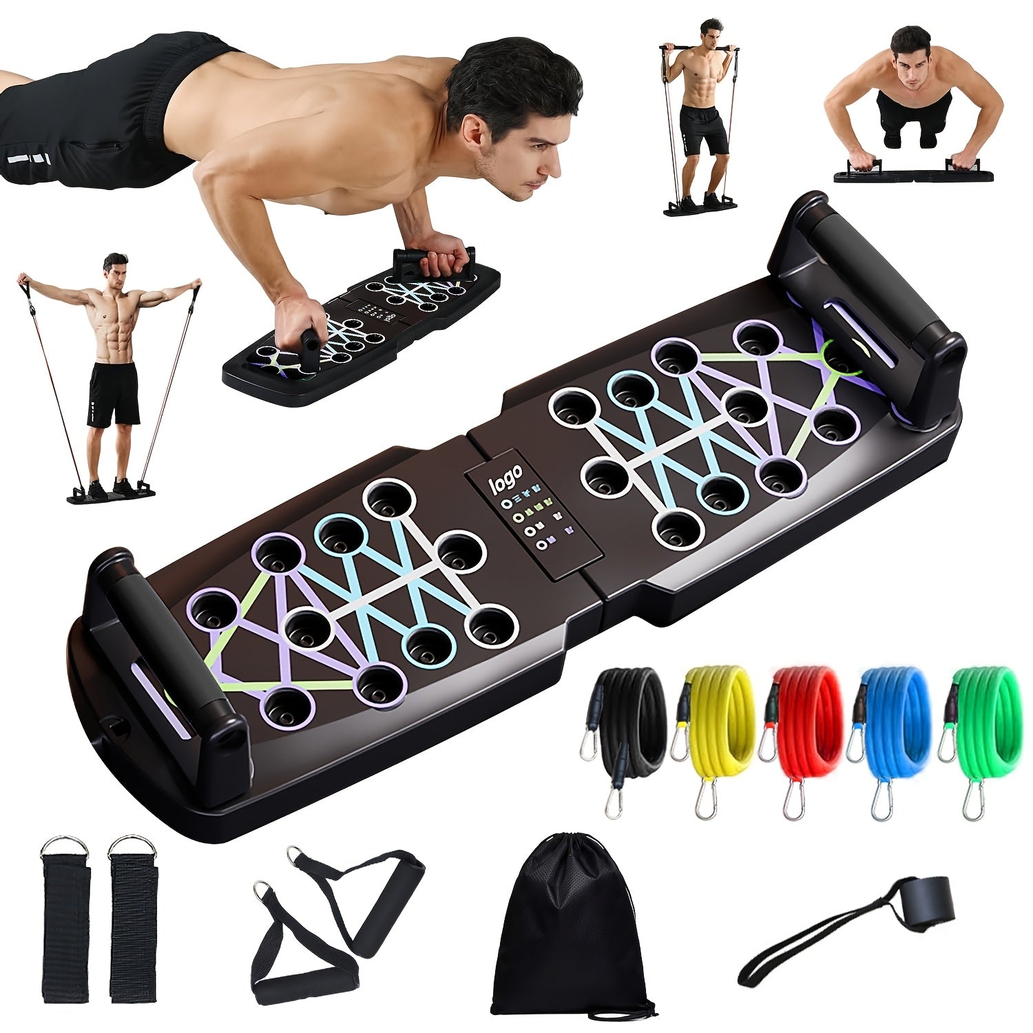 Foldable 11-in-1 push up board with resistance bands and ergonomic handles for home workouts