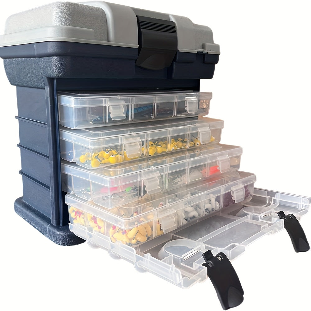 Grey 4-tier portable fishing tackle storage box with transparent multi-compartment organizer for bait and accessories