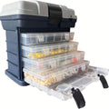 Grey 4-tier portable fishing tackle storage box with transparent multi-compartment organizer for bait and accessories