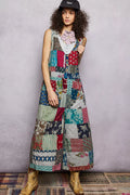 POL sleeveless patchwork wide leg jumpsuit in 100% cotton with deep V-neck and patch pockets