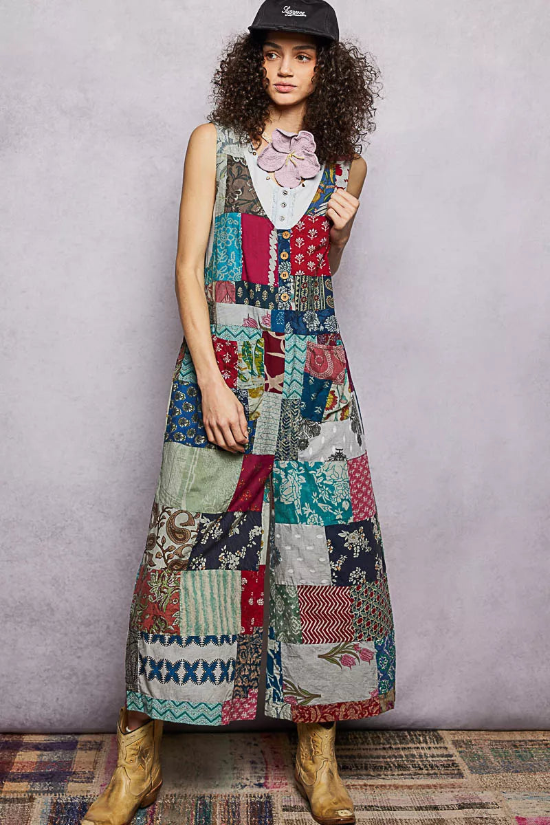 POL sleeveless patchwork wide leg jumpsuit in 100% cotton with deep V-neck and patch pockets