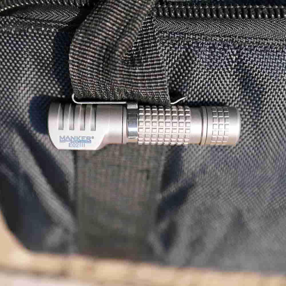 Titanium right angle flashlight and headlamp in bead blasted silver finish with removable pocket clip — view 3