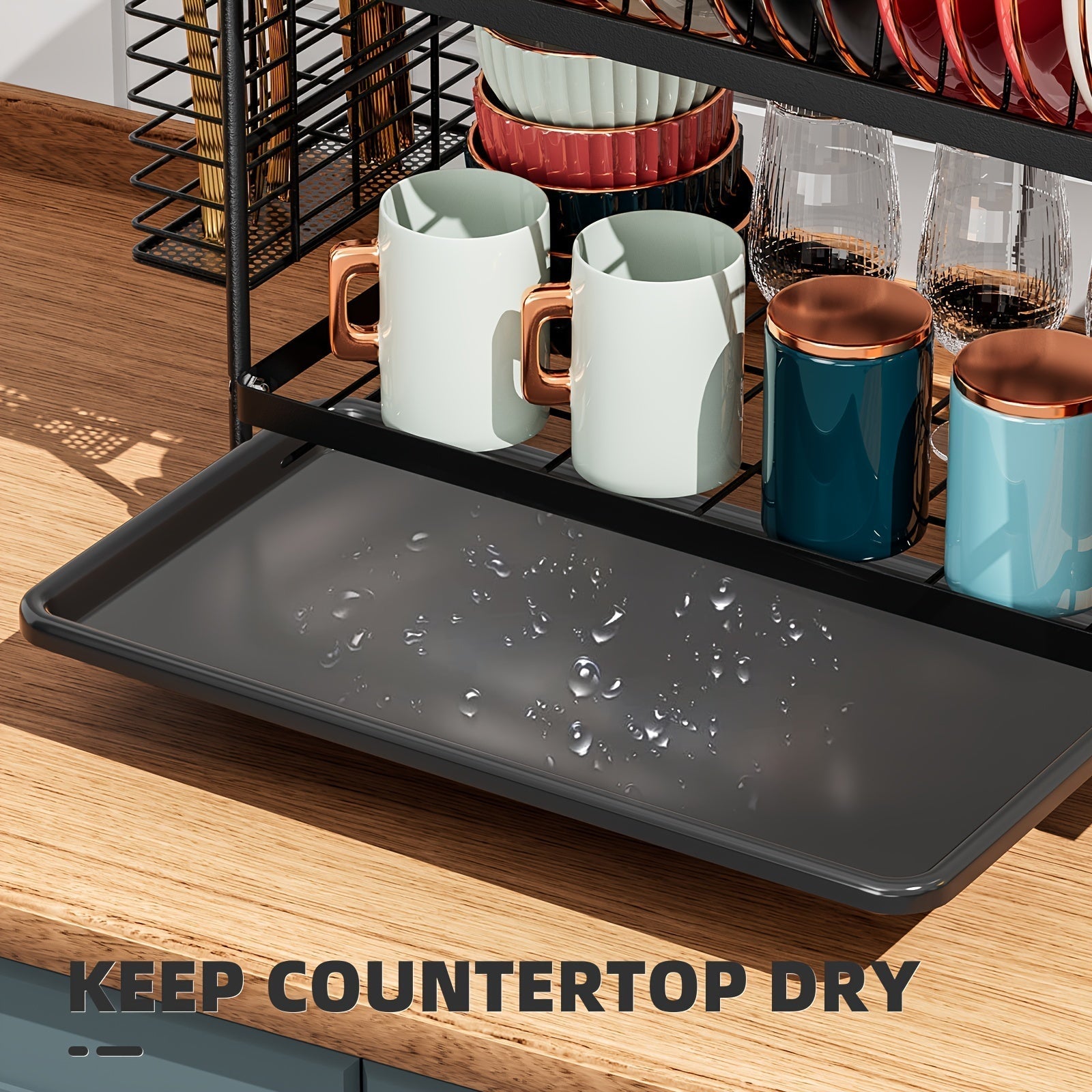 Black metal kitchen dish rack with integrated drainboard, utensil holder, and cutting board organizer — view 5