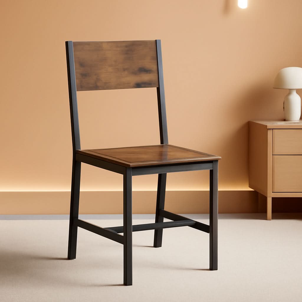 Rustic wood dining chairs set of two with brown seat and black metal frame