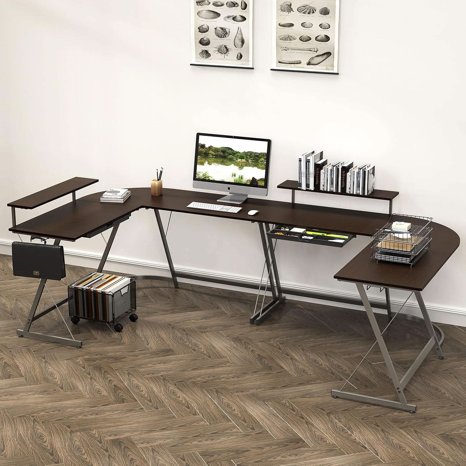 Espresso Vista L-shaped corner desk with steel frame, monitor stand, and drawer — view 2