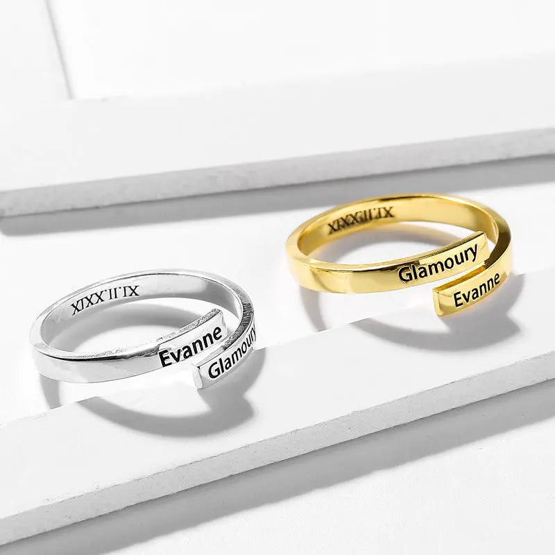 Personalized sterling silver two name ring featuring custom engraved elegant font in a premium gift box