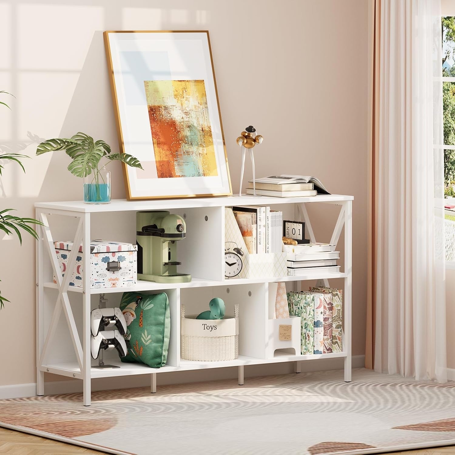 White 5-cube open bookcase with contemporary industrial metal frame and wood-like MDF shelves. — view 2