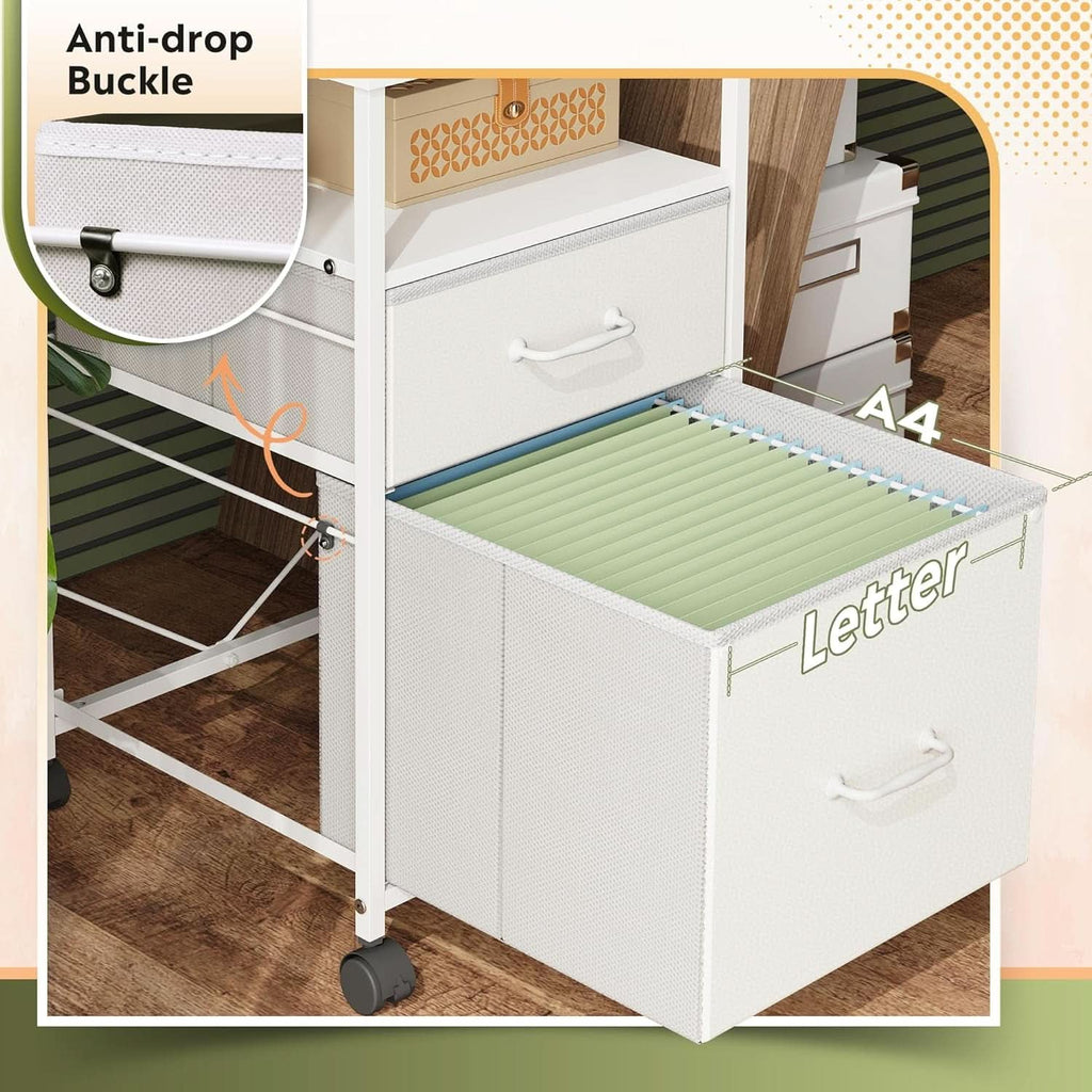 White 2-drawer vertical filing cabinet and mobile printer stand with wooden top and fabric drawers — view 4