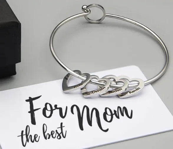 Personalized titanium steel love bracelet with an engraved peach heart charm in a metallic finish — view 4