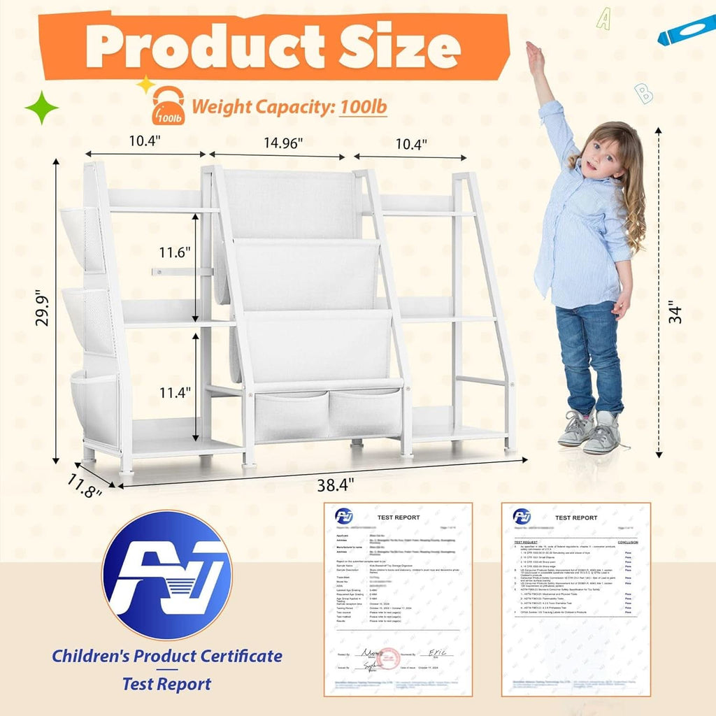 White 3-tier kids bookshelf toy organizer with metal frame, natural wood accents, and fabric pockets — view 2