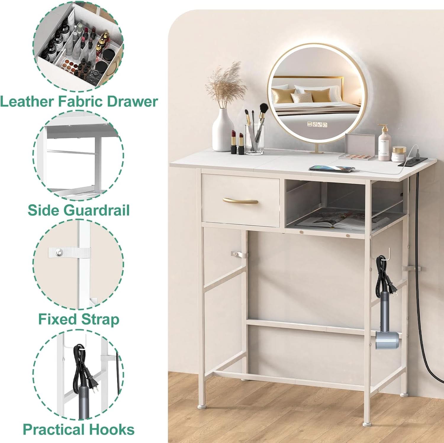 Compact white cosmetic vanity desk with integrated charging station, fabric drawer, and solid wood top. — view 4