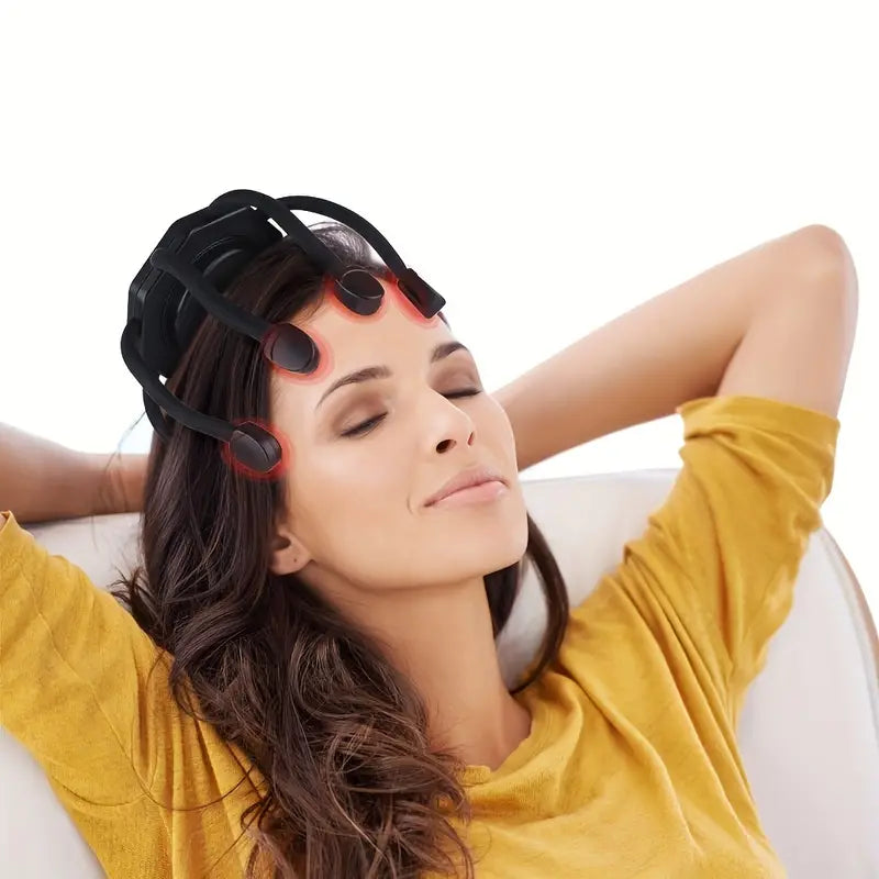 Black rechargeable 8-finger scalp massager with ergonomic handle and flexible massage nodes for tension relief — view 4