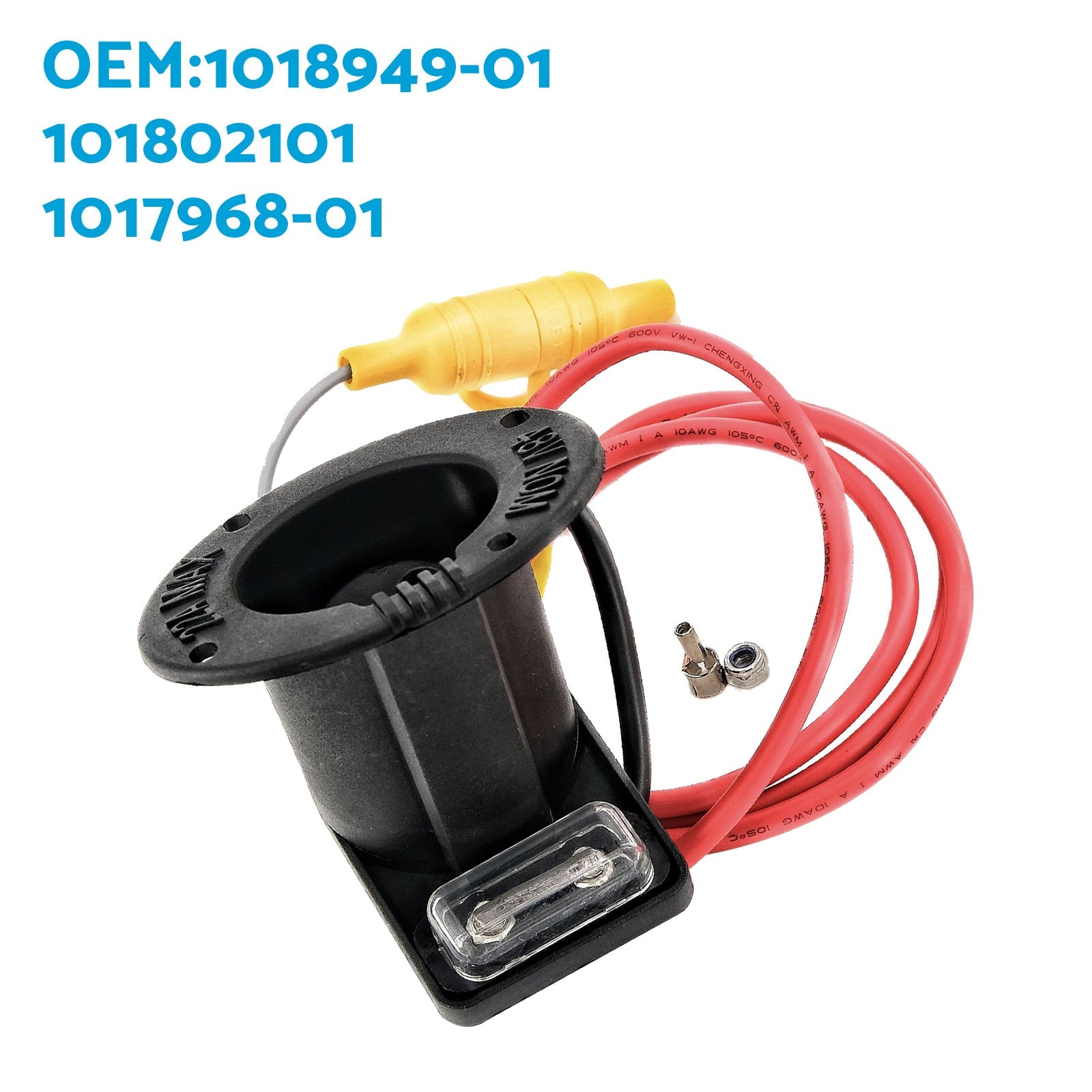Black 48V golf cart charger receptacle and fuse assembly with wire connector and metal terminals — view 3