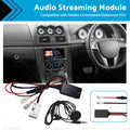 Black Bluetooth 5.0 audio streaming module with 12-pin connector and microphone for vehicle stereo systems