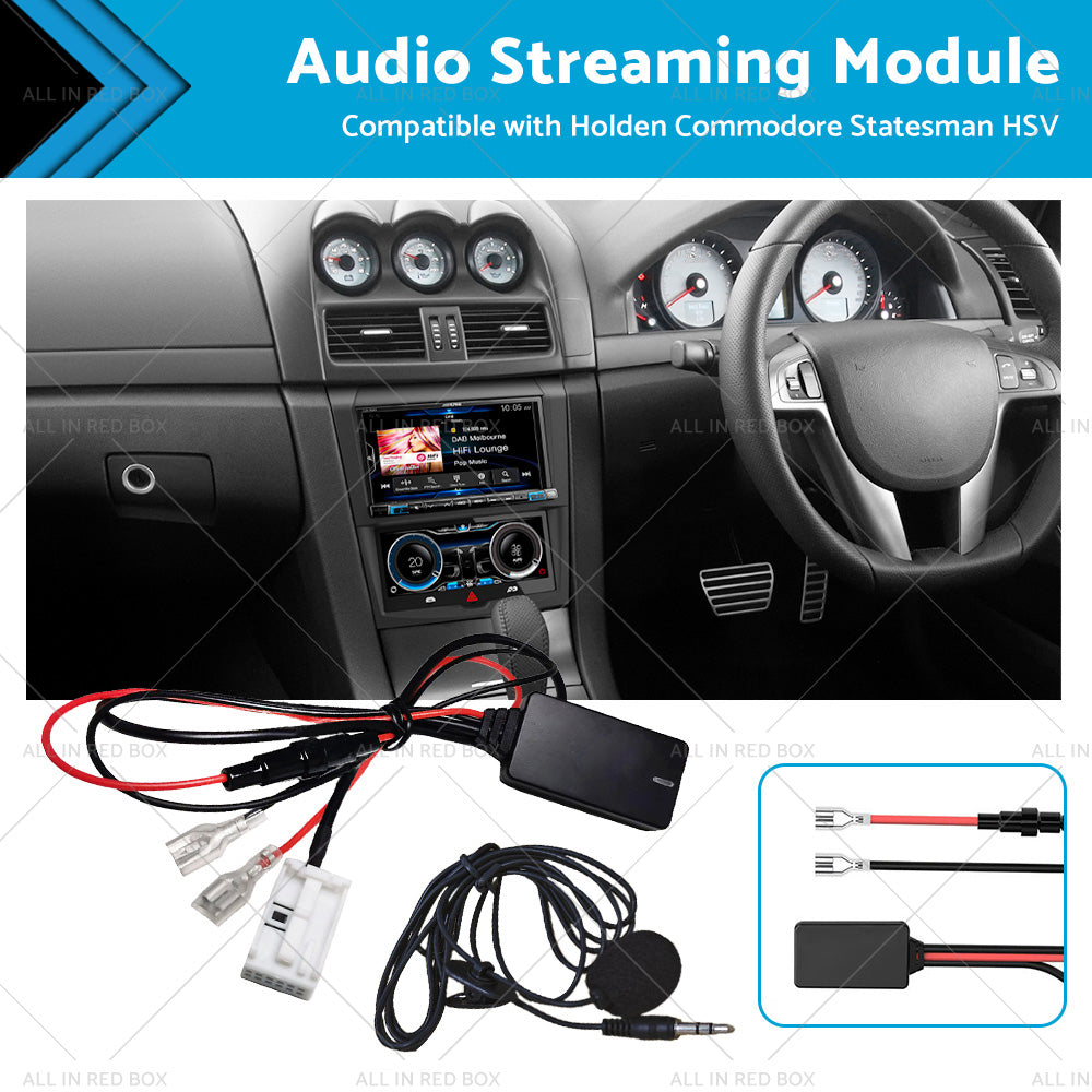 Black Bluetooth 5.0 audio streaming module with 12-pin connector and microphone for vehicle stereo systems