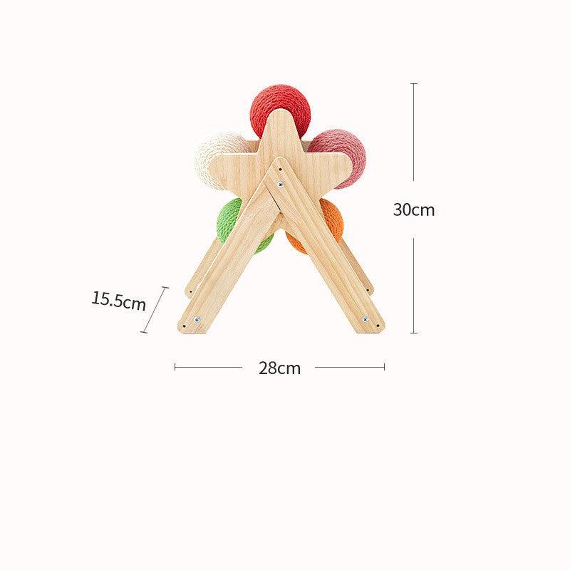 Wooden cat scratcher toy with natural sisal rope spinning ball on a solid wood frame — view 3