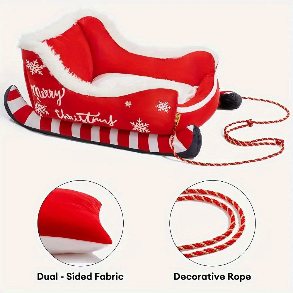 Red Christmas sled dog bed with white snowflake pattern in soft comfortable plush material — view 3