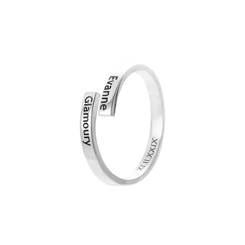 Personalized sterling silver two name ring featuring custom engraved elegant font in a premium gift box — view 2
