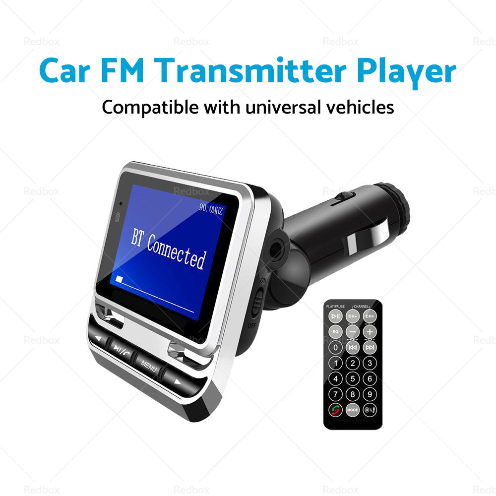 Bluetooth car FM transmitter with LCD screen and remote control plugged into a dashboard — view 4