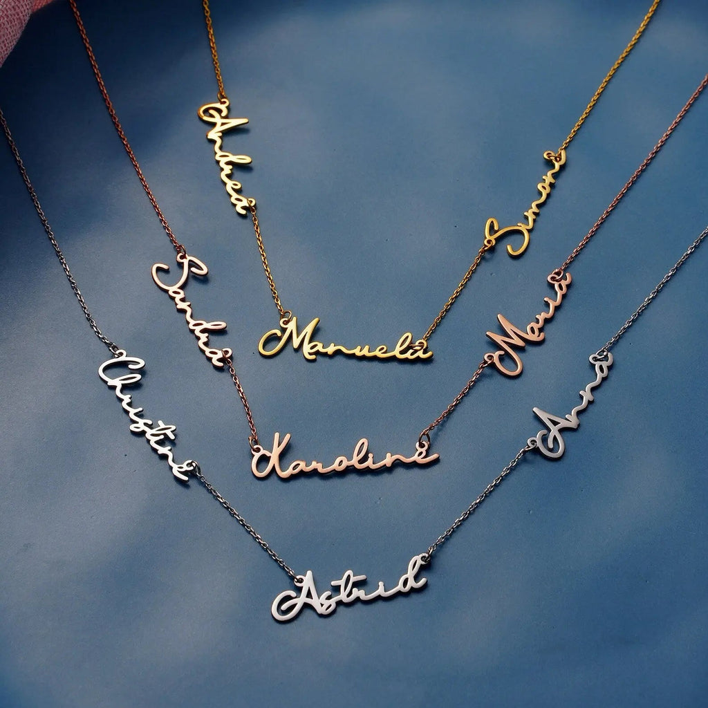 Personalized multiple name necklace in gold featuring custom elegant script fonts on an adjustable chain — view 3