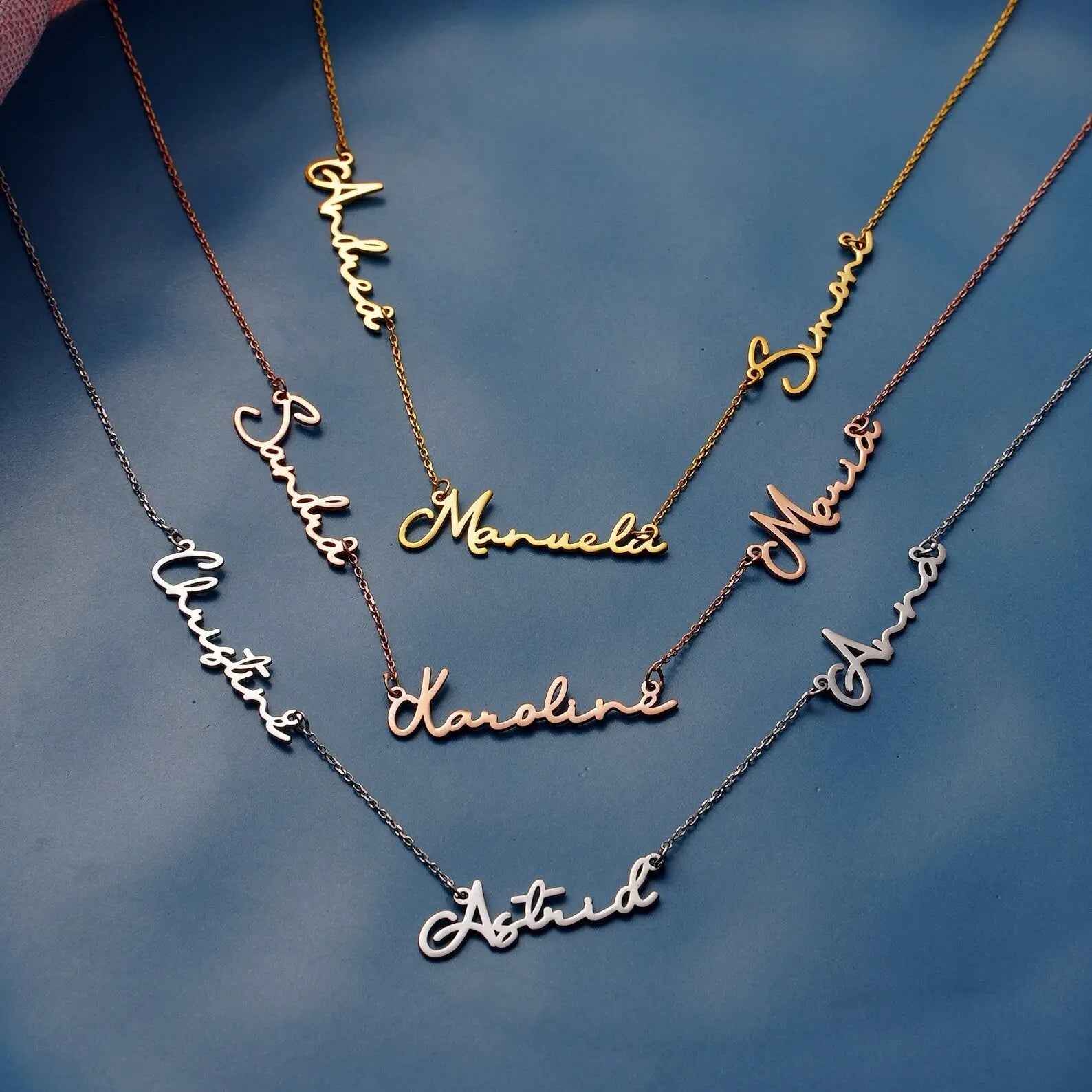 Personalized multiple name necklace in gold featuring custom elegant script fonts on an adjustable chain — view 3