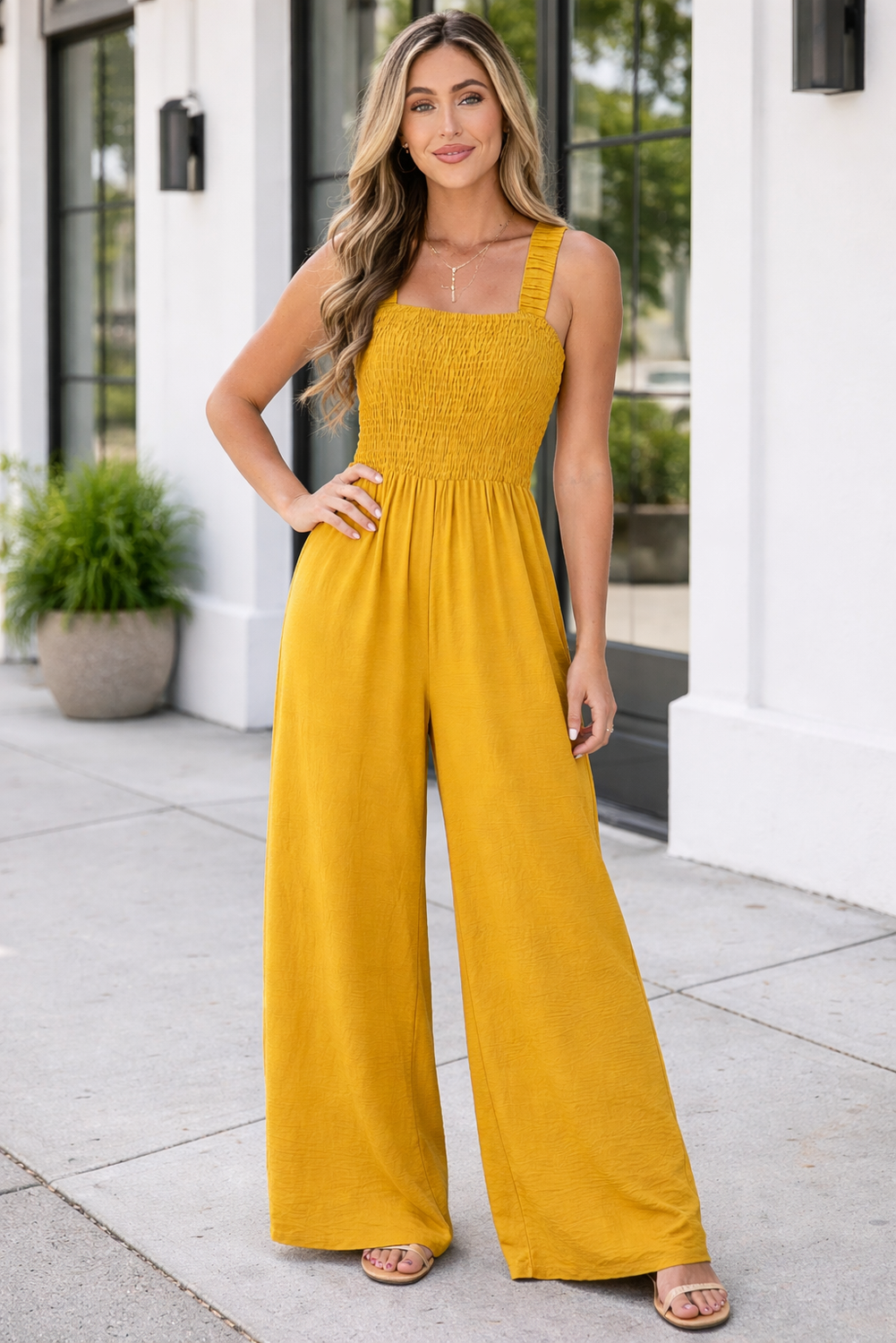 Rebecca sleeveless wide leg jumpsuit in ginger orange featuring a square neckline and ruched waist — view 5