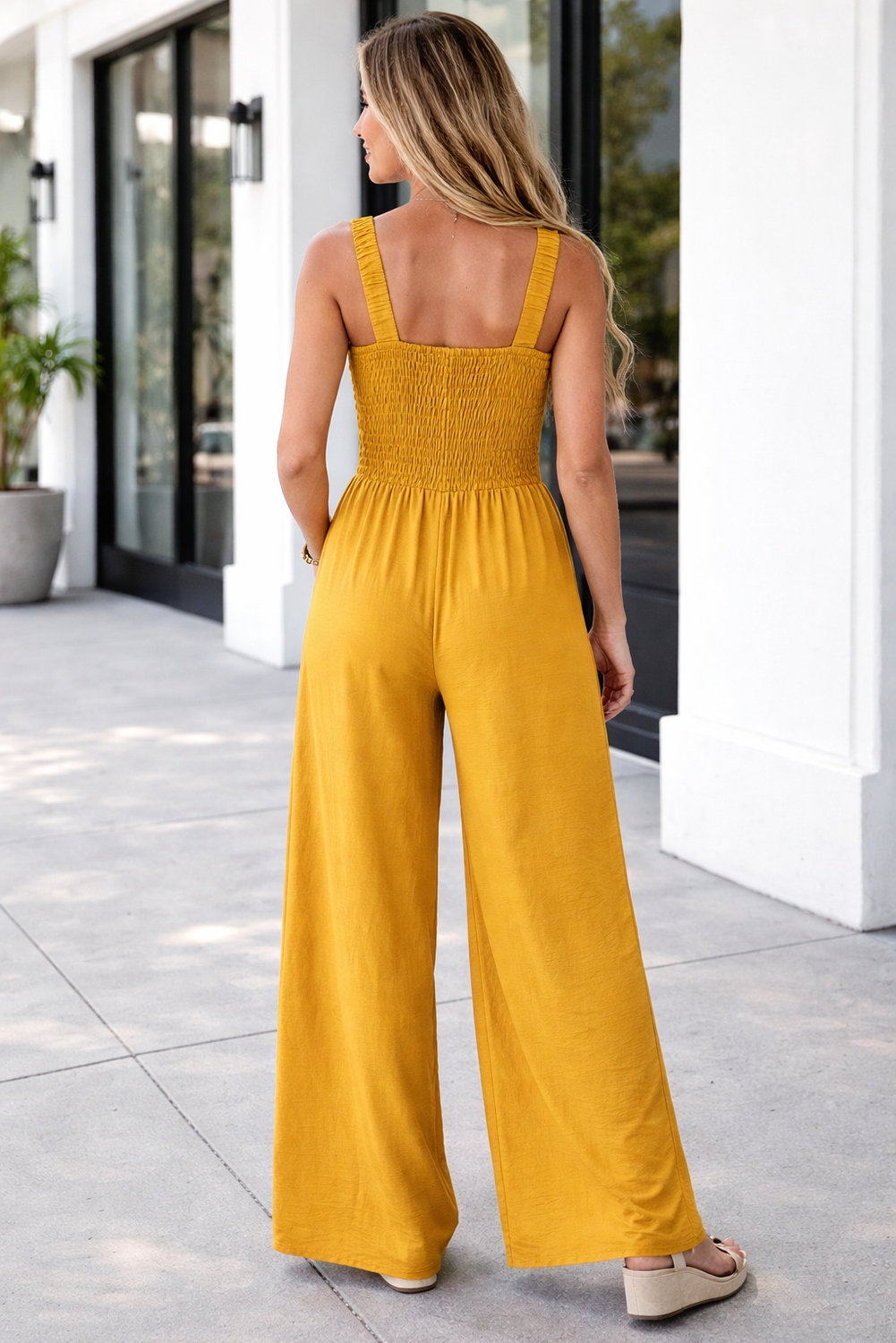 Rebecca sleeveless wide leg jumpsuit in ginger orange featuring a square neckline and ruched waist — view 2