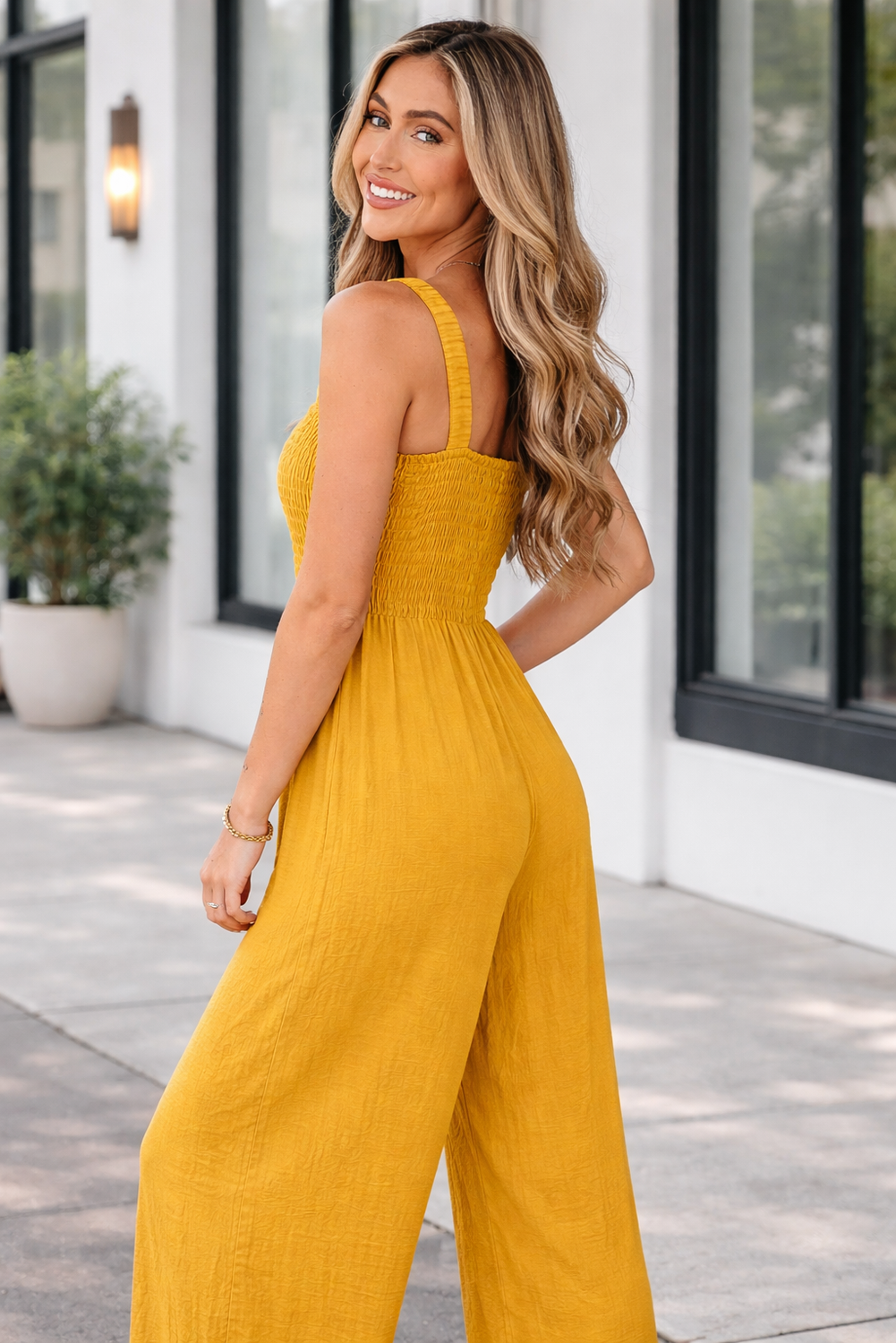 Rebecca sleeveless wide leg jumpsuit in ginger orange featuring a square neckline and ruched waist — view 3