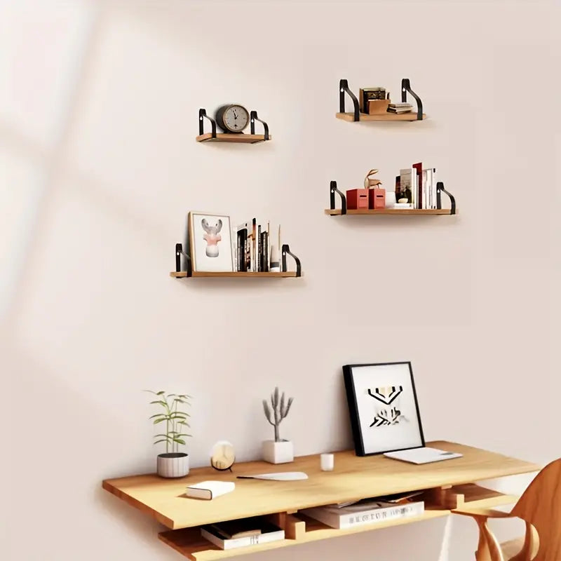 Rustic wooden floating wall shelf with mounting brackets for stylish home organization and decor display — view 3