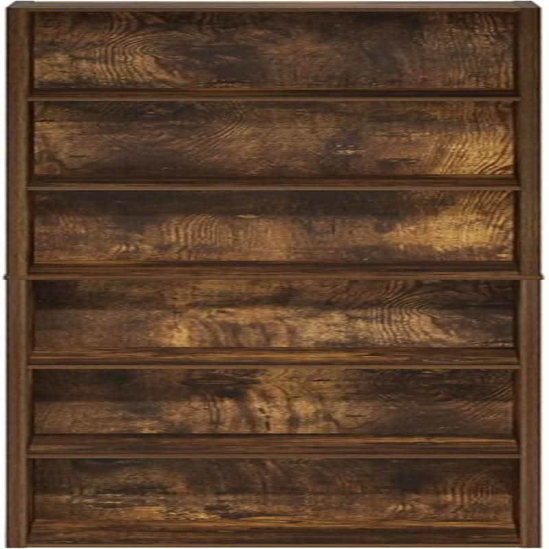 Amber Pine six-tier tall narrow bookcase holding books and decor in a living room corner — view 5