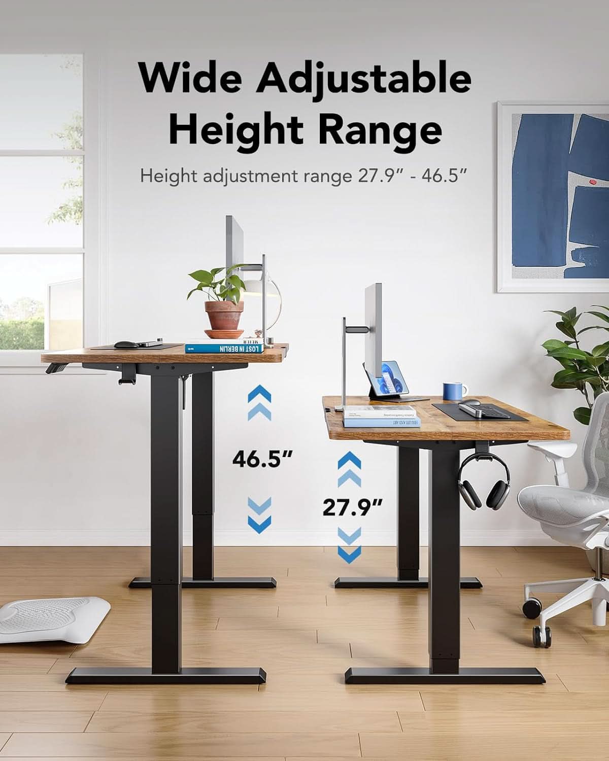 Vintage brown electric standing desk with adjustable steel frame for modern home office workstations. — view 5
