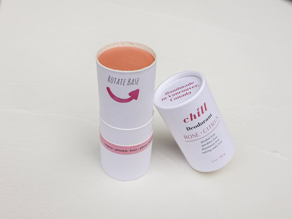 Rose and citrus natural deodorant stick in a zero waste eco friendly cardboard push tube — view 2
