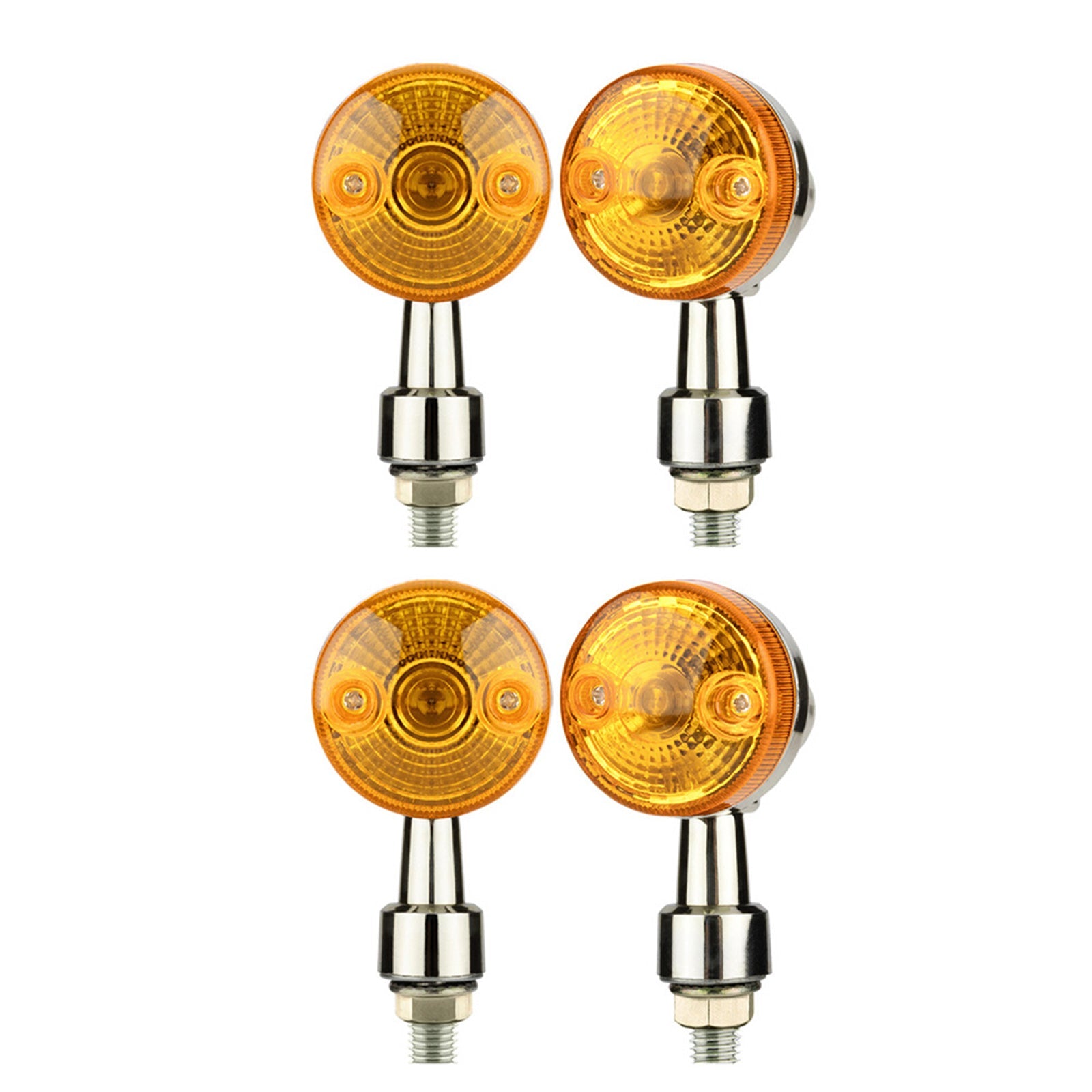Chrome motorcycle turn signals with bright amber lens and silver housing for custom bike builds. — view 3