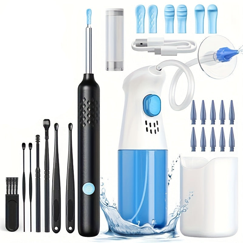 Wireless ear camera cleaner wand with interchangeable soft silicone scoops and charging accessories