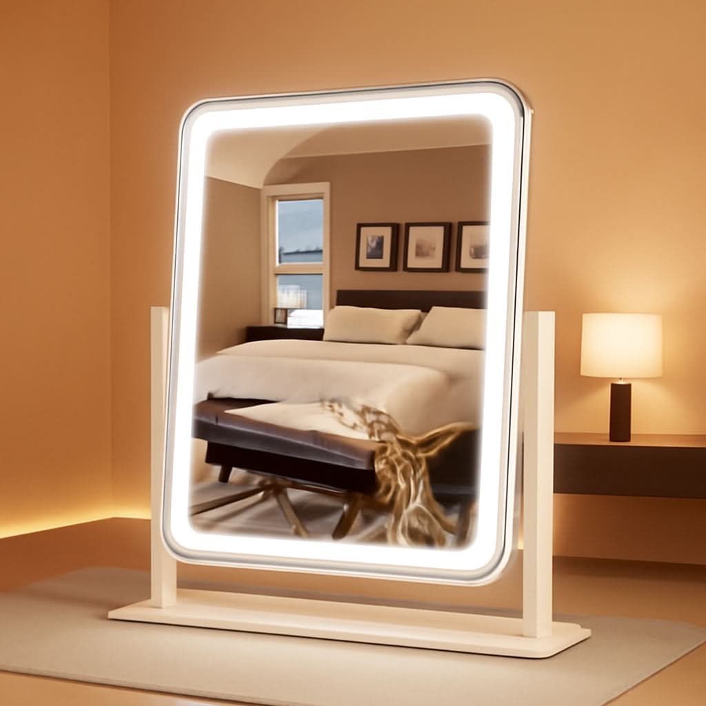 LED lighted vanity mirror with aluminum frame and smart touch controls on a desktop.