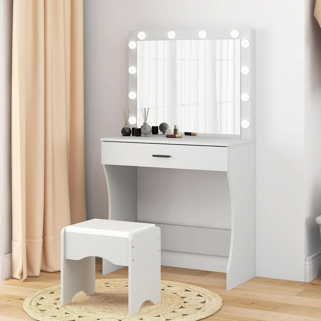 White vanity desk with 12 bright LED mirror bulbs, storage drawer, and matching vanity stool — view 2