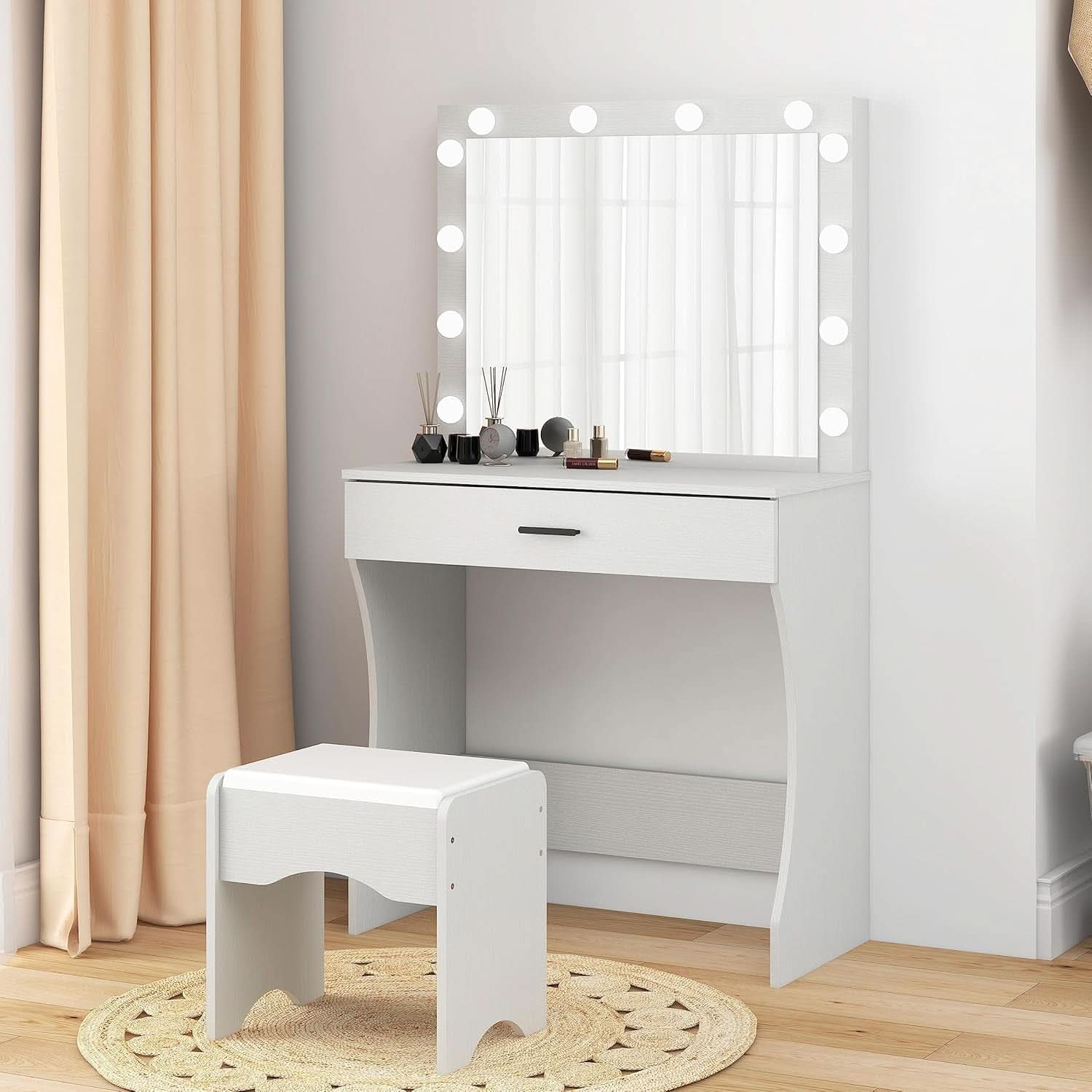 White vanity desk with 12 bright LED mirror bulbs, storage drawer, and matching vanity stool — view 2