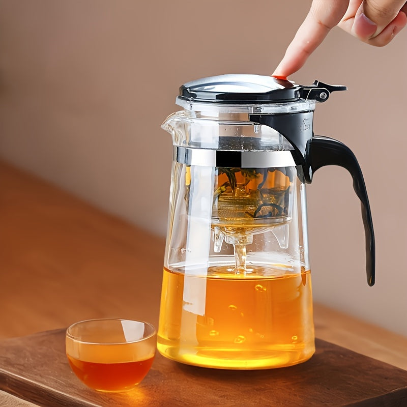 Clear glass tea infuser with one touch press mechanism and black plastic handle, 750ml capacity — view 4