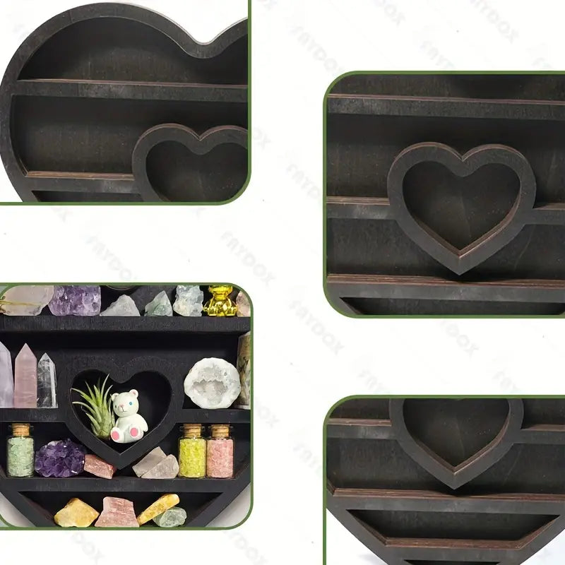 Double loving heart vintage wood floating display shelf for crystals and spiritual decor pieces — view 4