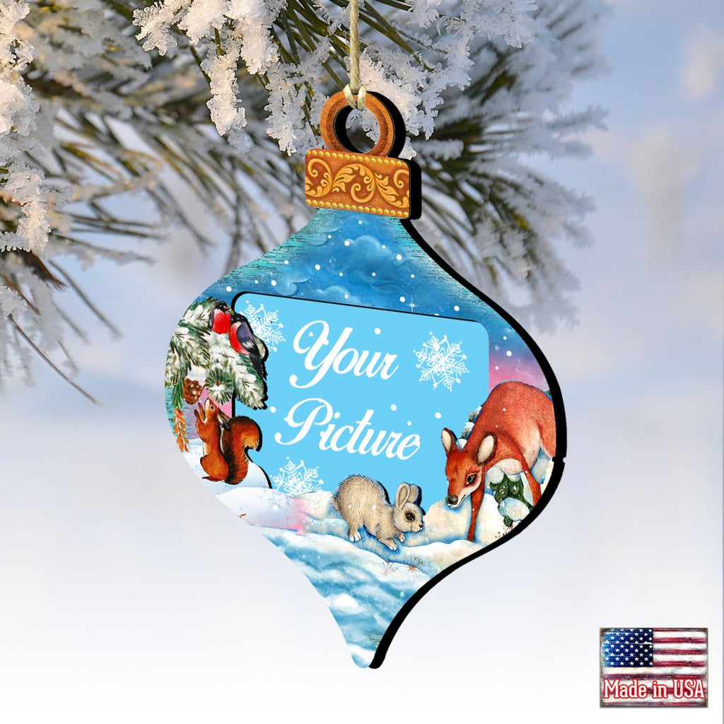 Handcrafted wooden Christmas picture frame ornament featuring vintage Santa and snowman artwork for holiday trees. — view 2