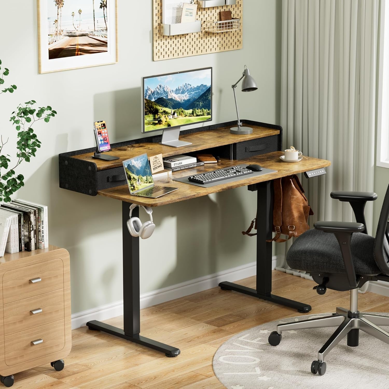 Electric adjustable standing desk with two drawers and control panel for ergonomic home office setups. — view 2