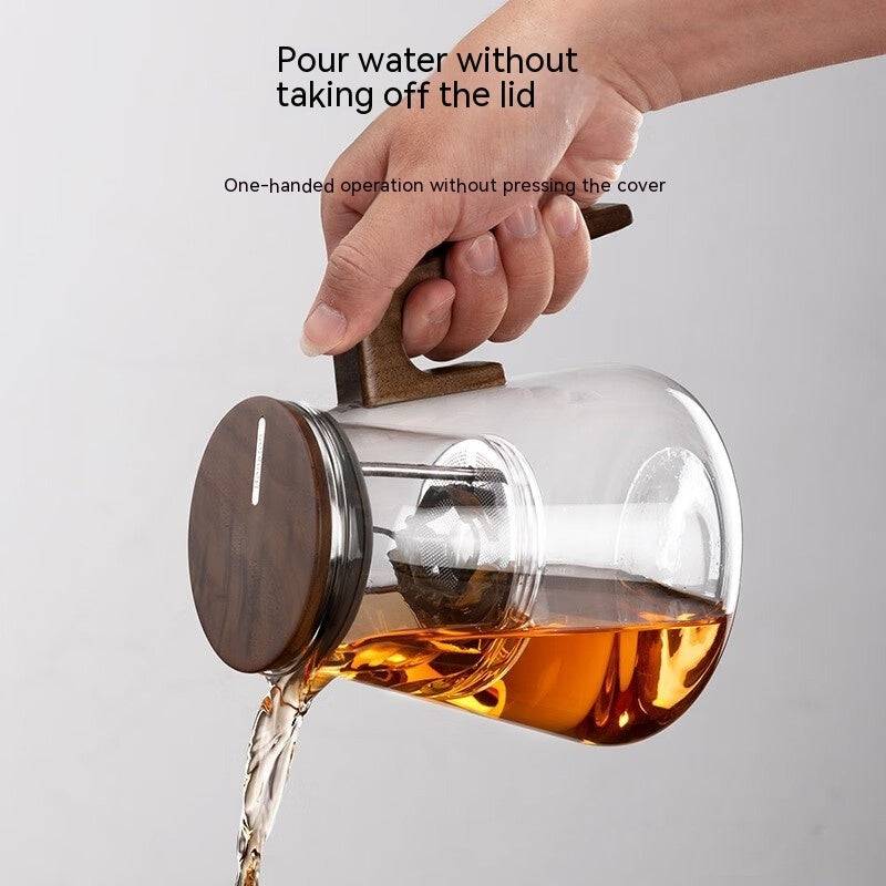 Glass teapot with walnut wood handle and one-click filter for brewing loose leaf tea — view 4
