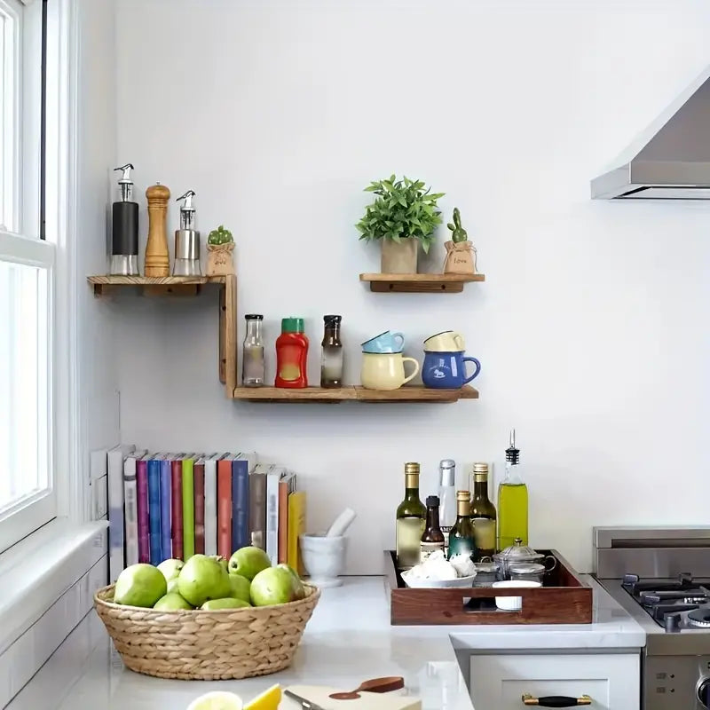 Rustic wooden wall-mounted corner shelf set displaying small potted plants and books — view 5