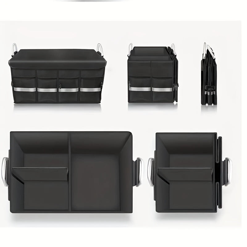 Folding car trunk organizer in black Oxford fabric with multiple storage compartments for vehicle accessories — view 2