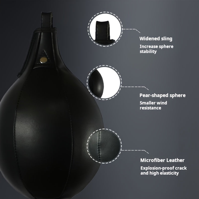 Black PU leather pear-shaped boxing speed ball with hanging hook for home gym striking workouts. — view 4